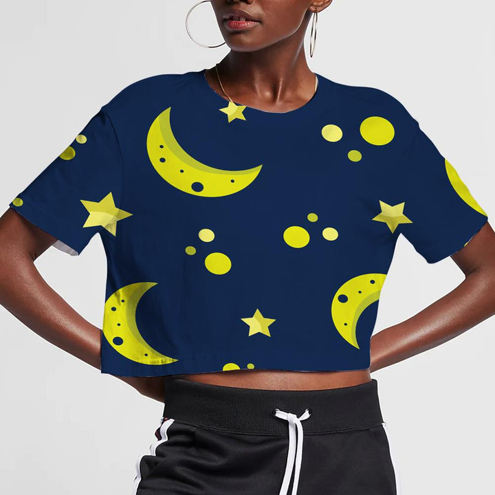 Yellow Moon With Star And Dot On Dark Blue Background 3D Women's Crop Top
