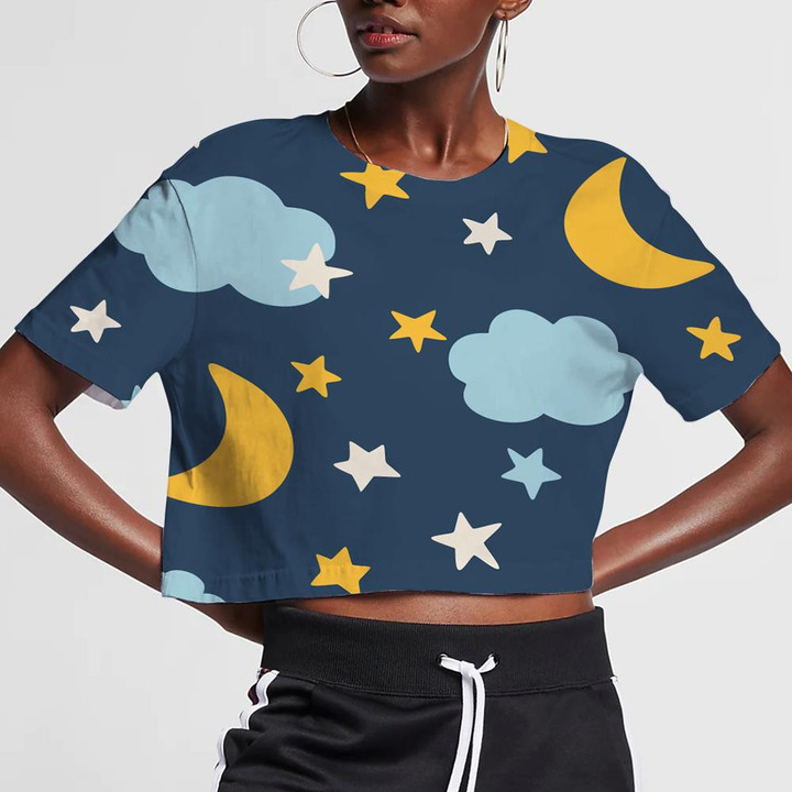 Yellow Moon With Cloud And Star In The Sky 3D Women's Crop Top