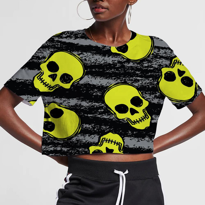 Yellow Human Skull On Gray And Black Background 3D Women's Crop Top