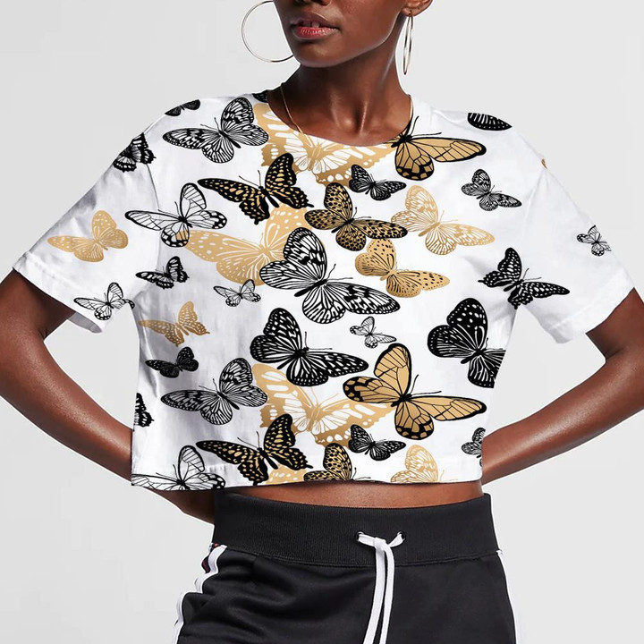 Yellow And Black Butterflies On A White Background 3D Women's Crop Top
