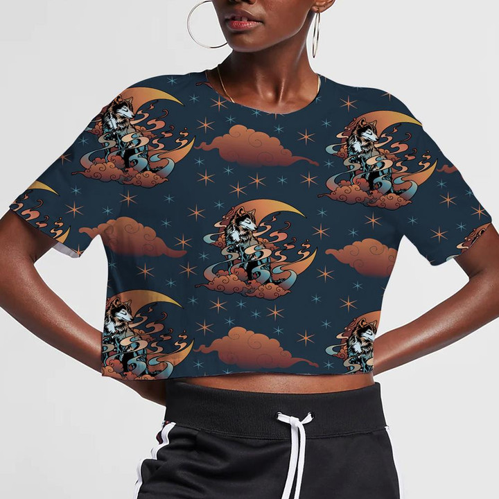 Wolf And Crescent Blood Moon With Cloud And Star 3D Women's Crop Top