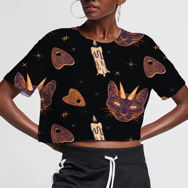 Witchcraft With Devil Cat And Candle 3D Women's Crop Top
