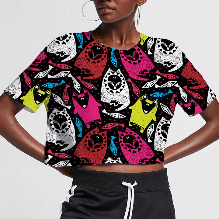 Wild Cartoon Animals Colorful Wolf And Fish On Black 3D Women's Crop Top