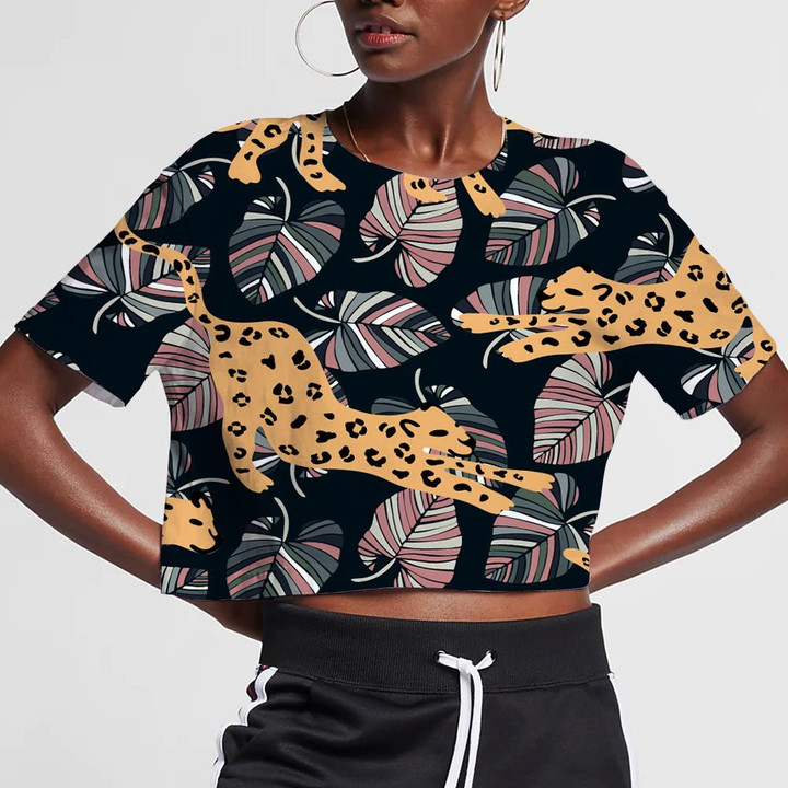 Wild African Modern Trendy Leopard With Abstract Palm Leaves 3D Women's Crop Top