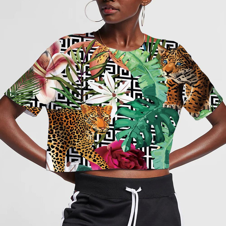 Wild African Leopard In Tropical Forest Geometric Background 3D Women's Crop Top