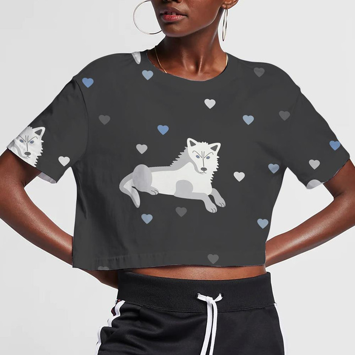 White Wolf And Hearts On Gray Background 3D Women's Crop Top