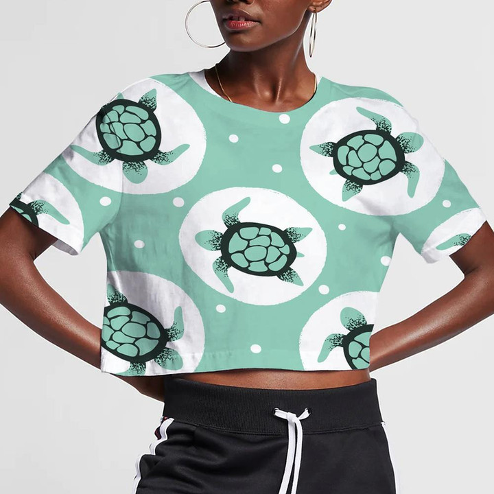 White Sea Turtles And Shells On Dark Blue 3D Women's Crop Top