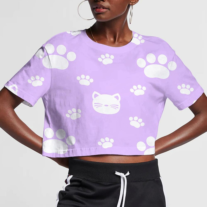 White Cats And Paws On Purple Background 3D Women's Crop Top