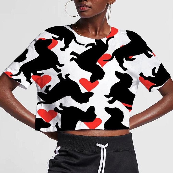 White Background And Dachshund With Red Heart 3D Women's Crop Top