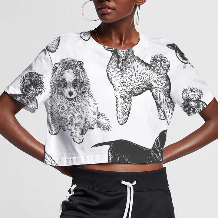 White And Black Hand Drawing Of Dogs 3D Women's Crop Top