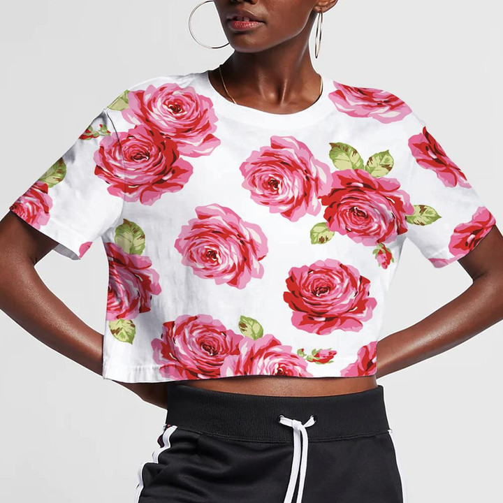 Watercolor Pink Roses Green Leaves Pattern White Theme 3D Women's Crop Top
