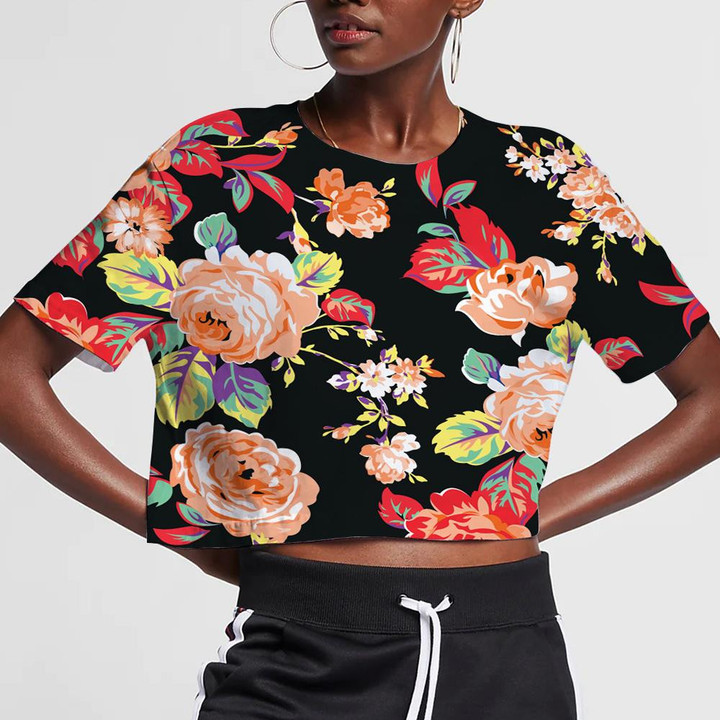 Watercolor Colorful Rose And Leaves Art Pattern Black Theme 3D Women's Crop Top
