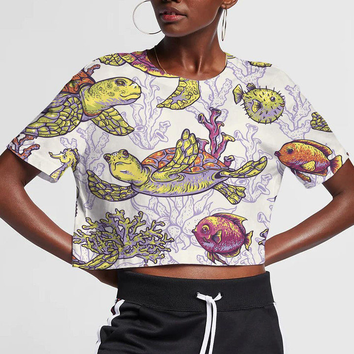 Vintage Turtle Decorated With Floral Ornaments 3D Women's Crop Top