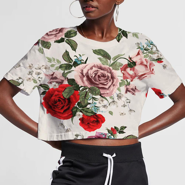 Vintage Beautiful Pink And Red Roses Branch Cream Background 3D Women's Crop Top