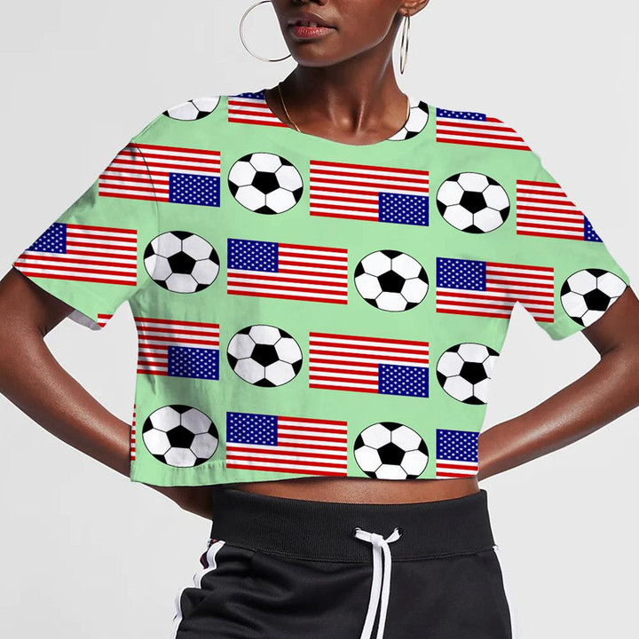 USA Flags And Football On Green Background Pattern 3D Women's Crop Top