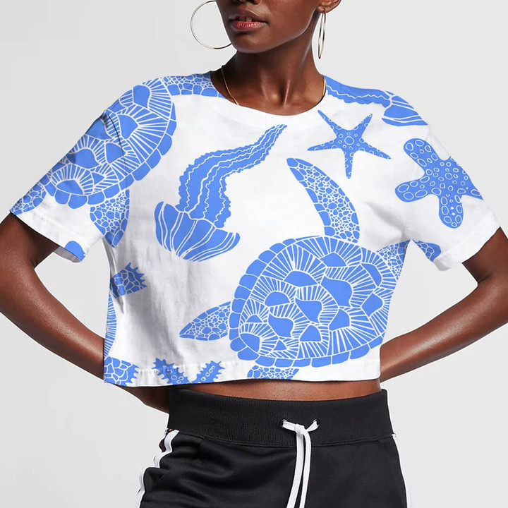 Turtles On Sea Blue Striped Texture 3D Women's Crop Top