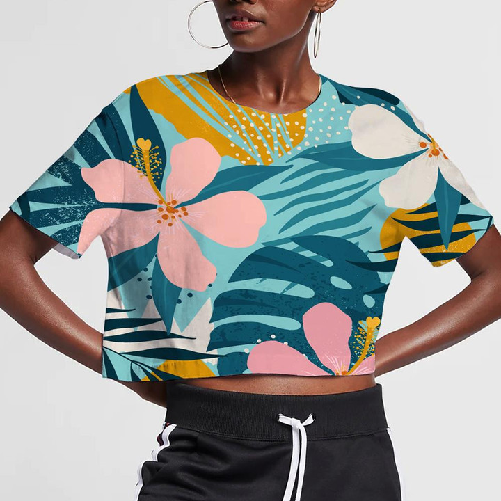 Tropical Flowers And Artistic Palm Leaves On Aqua Blue Background 3D Women's Crop Top