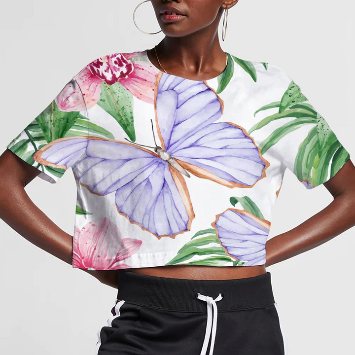 Tropical Butterflies And Pink Orchids On White 3D Women's Crop Top