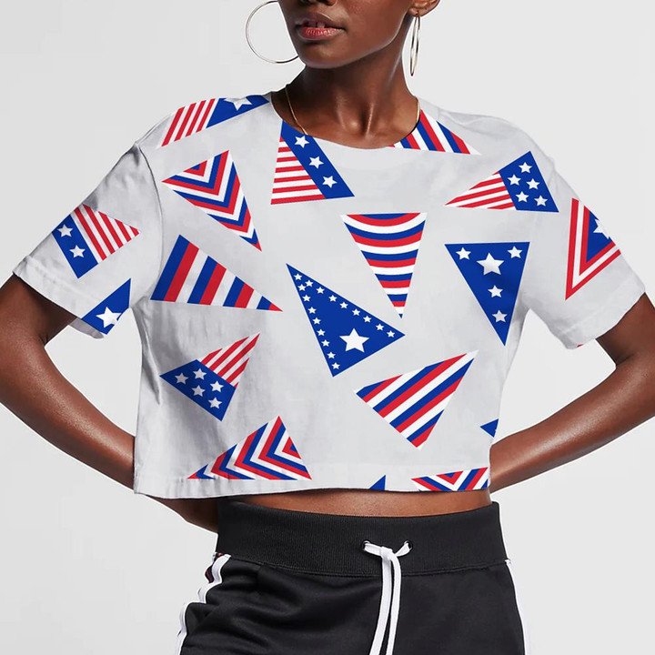 Triangle Flags With Stripes And Stars Independence Day Theme 3D Women's Crop Top