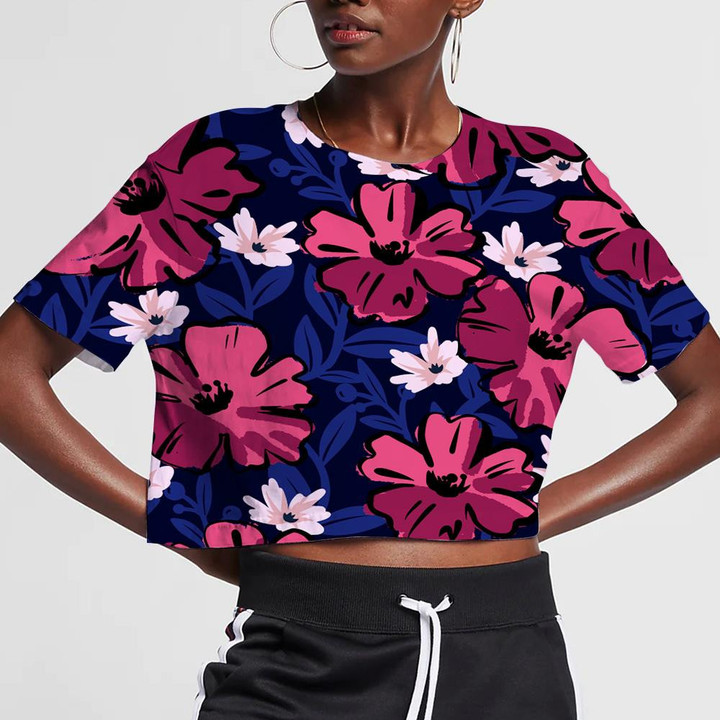 Trendy Texture With Big Pink Flowers Navy Branches Art Design 3D Women's Crop Top