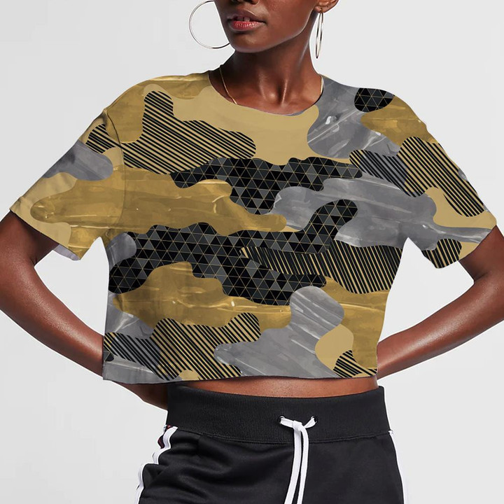 Trendy Gold Gray Marble Camouflage Geometry Pattern 3D Women's Crop Top