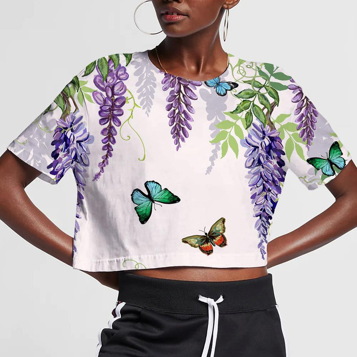 Theme Tropical Japanese Flowers Butterflies And Wisteria 3D Women's Crop Top