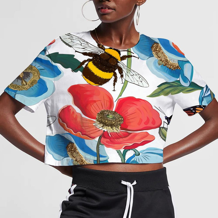 Theme Red Poppy Flowers With Bumblebee And Butterfly 3D Women's Crop Top