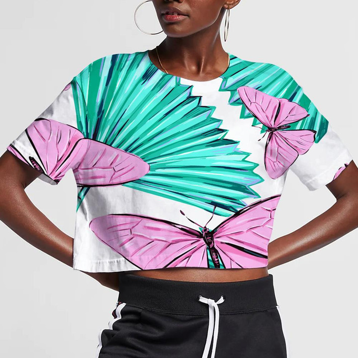 Theme Pink Butterflies And Palm Leaves 3D Women's Crop Top