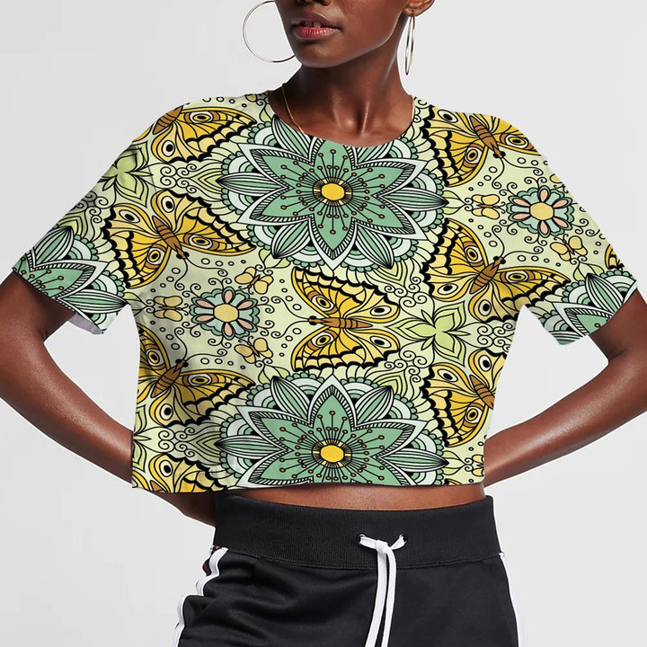 Theme Mystical Kaleidoscope Butterfly And Floral 3D Women's Crop Top