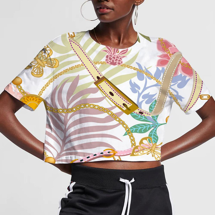 Theme Golden Butterflies Chains And Palm Leaves 3D Women's Crop Top