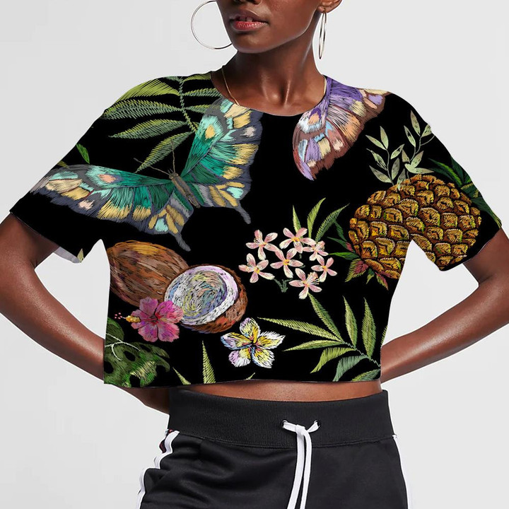Theme Embroidery Floral With Butterflies And Coconut 3D Women's Crop Top