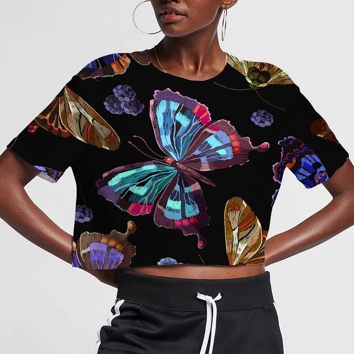 Theme Embroidery Butterflies And Berries Night Garden Art 3D Women's Crop Top