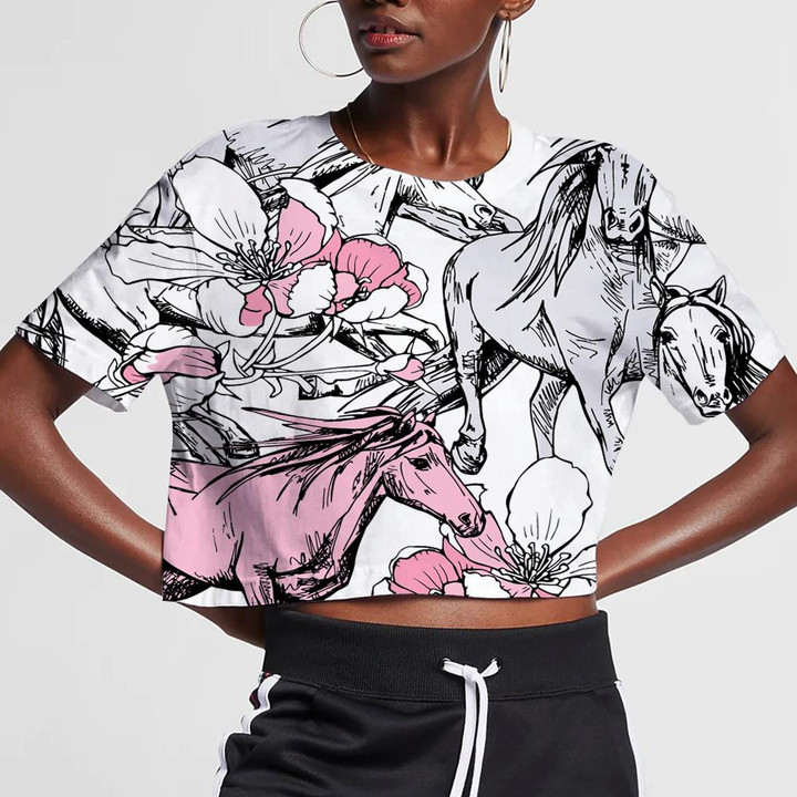 The Running Beautiful Horses And Pink Cherry Flowers 3D Women's Crop Top