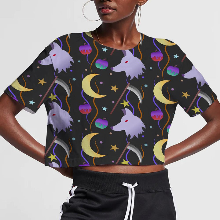 The Moon With Wolf And Apple On Black Background 3D Women's Crop Top