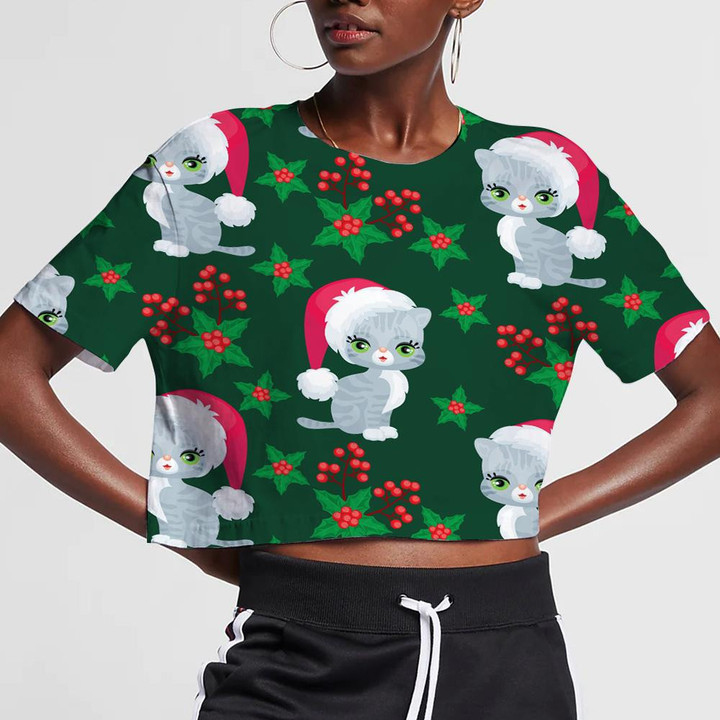The Image Of Little Cat In The Hat Of Santa Claus 3D Women's Crop Top