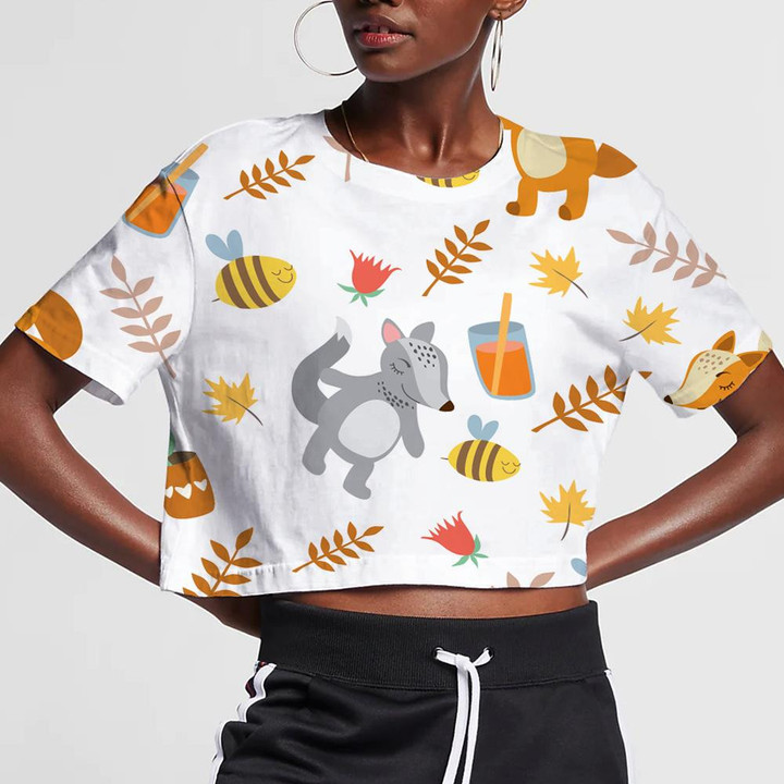 The Fox And The Wolf Leaves Plants And Bees 3D Women's Crop Top