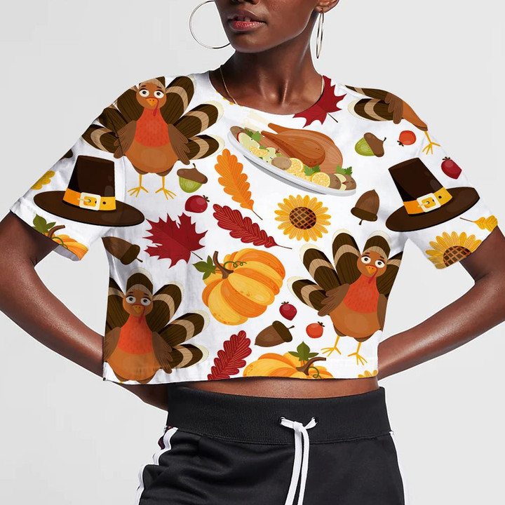 Thanksgiving Day Pattern With Sunflower Pumpkin Turkey Autumn Leaves 3D Women's Crop Top
