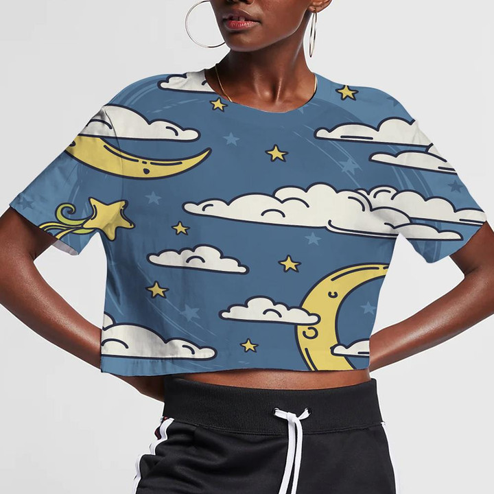 Sweet Dreams With Doodle Moons And Clouds 3D Women's Crop Top