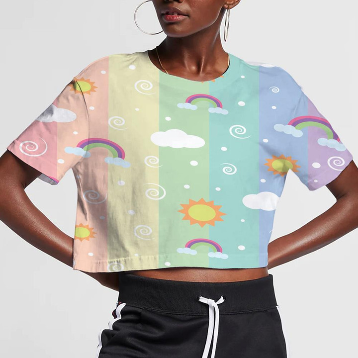 Sun Rainbow Wind And Cloud On Colorful Background 3D Women's Crop Top