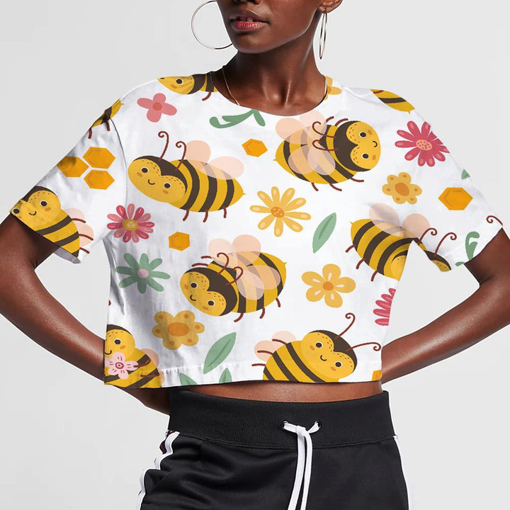 Summer Bees And Flowers Cartoon Flying Insects 3D Women's Crop Top