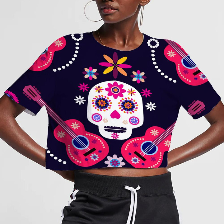 Sugar Skulls With Guitar And Colorful Flowers 3D Women's Crop Top