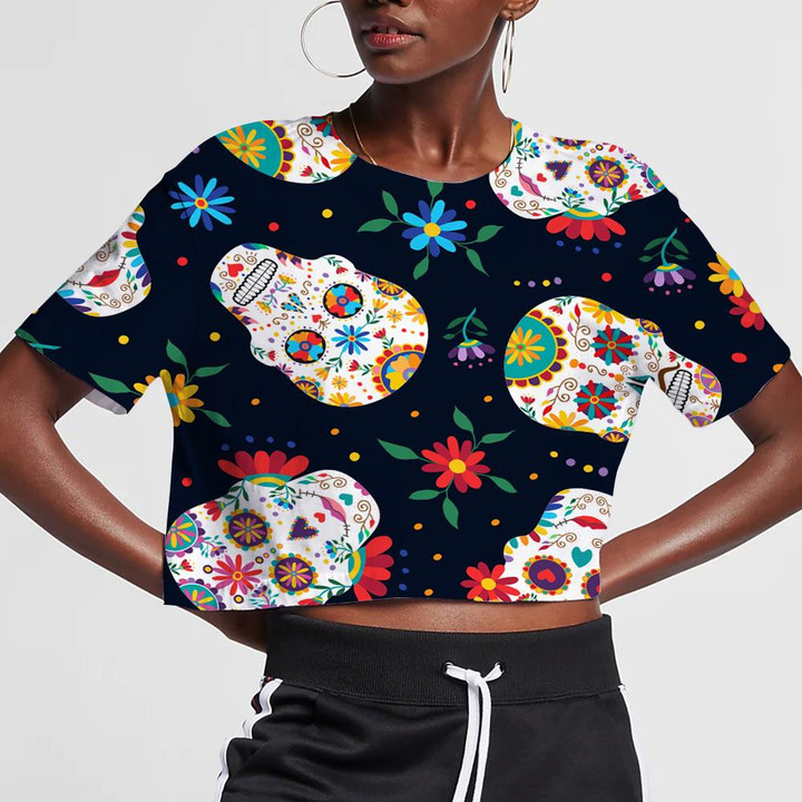 Sugar Skull Mexican With Flowers And Leaves 3D Women's Crop Top