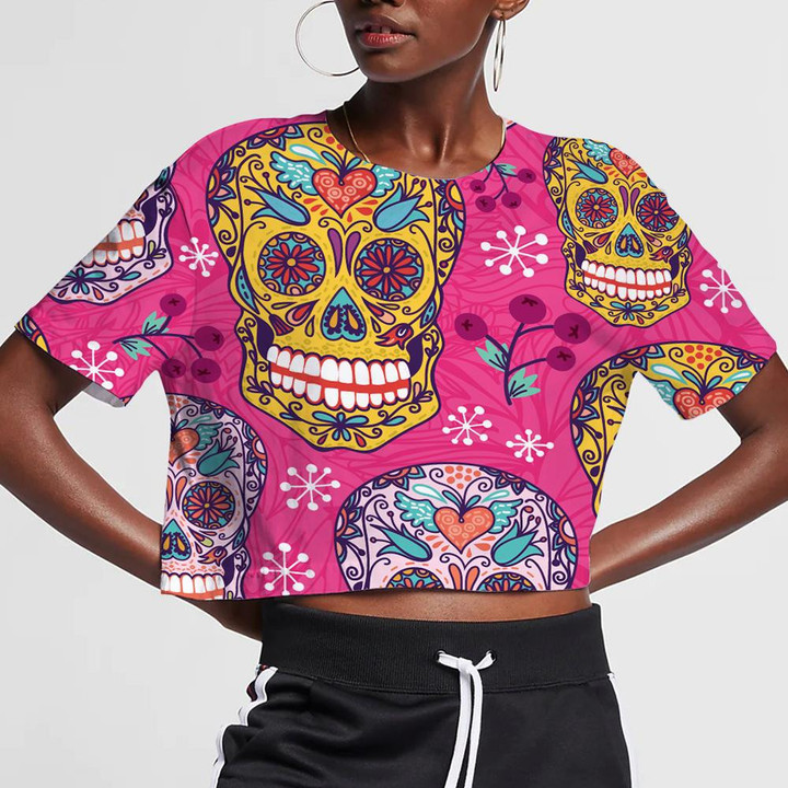Sugar Skull Meaxican With Berry And Snowflake 3D Women's Crop Top