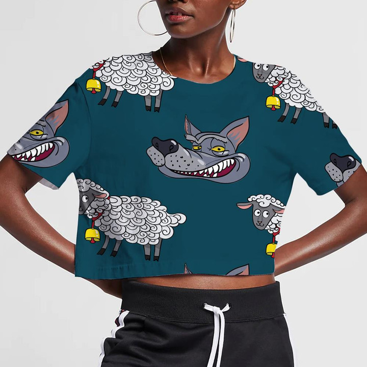 Smiling Wolf Face And Nice Lamb 3D Women's Crop Top
