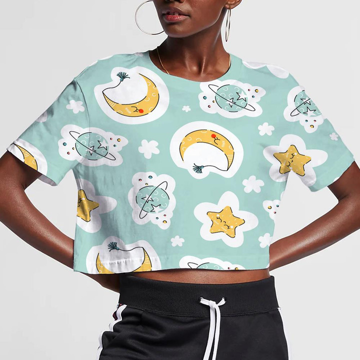 Sleeping Moon With Cute Stars And Planet 3D Women's Crop Top