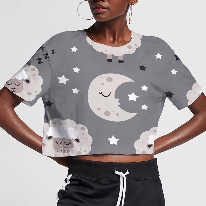 Sleeping Moon And Baby Cute Sheep On The Starry Sky 3D Women's Crop Top