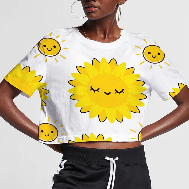 Sleeping Moment Of Sunflower And Sun Cartoon Pattern 3D Women's Crop Top