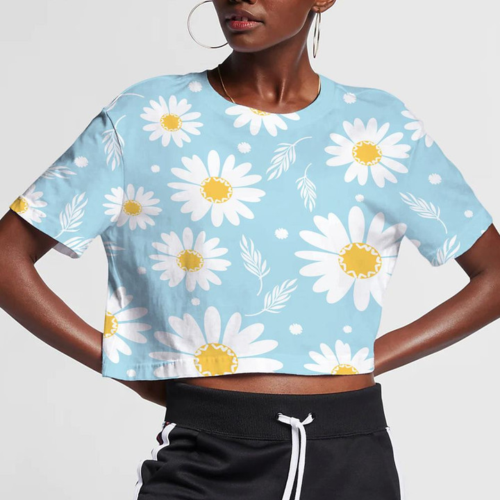 Sketch Small Daisy Flower And Leaves On Blue Background 3D Women's Crop Top