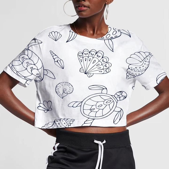 Sketch Of Turtles Starfish And Sea Shells 3D Women's Crop Top