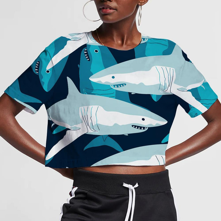 Sketch Lovely Shark In Deep Blue Sea Themed Design 3D Women's Crop Top